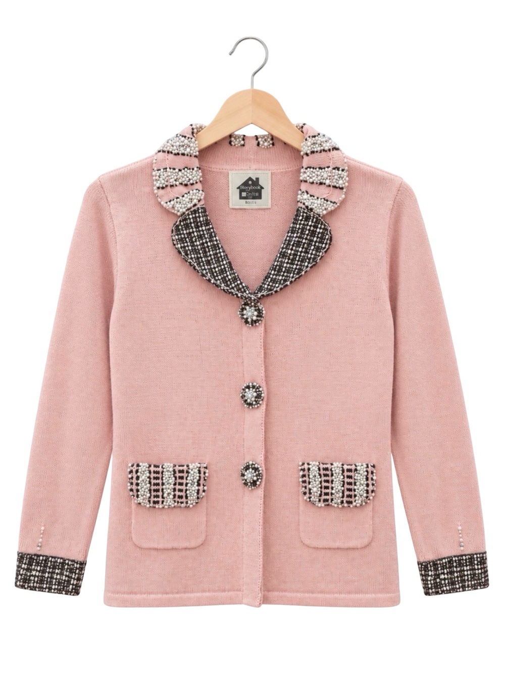 VTG Storybook Knits Pink Beaded tweed Cardigan S NWT Coquette Chanel Style